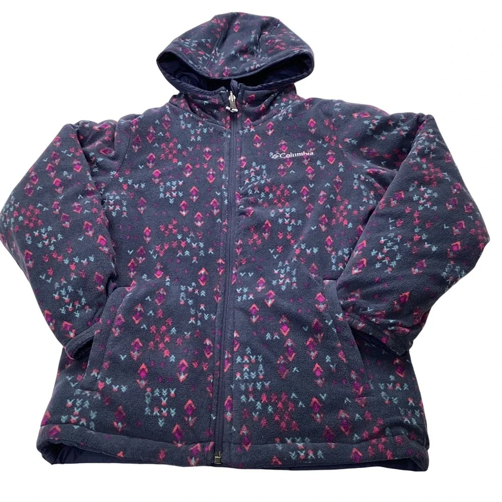 Columbia Girls‎ Reversible Hooded Jacket Navy Blue Fleece Print Size M 10/12